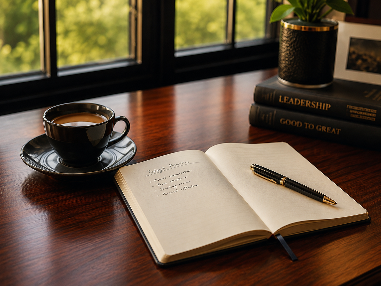 A journal and a cup of coffee, set up for a quiet reflection practice