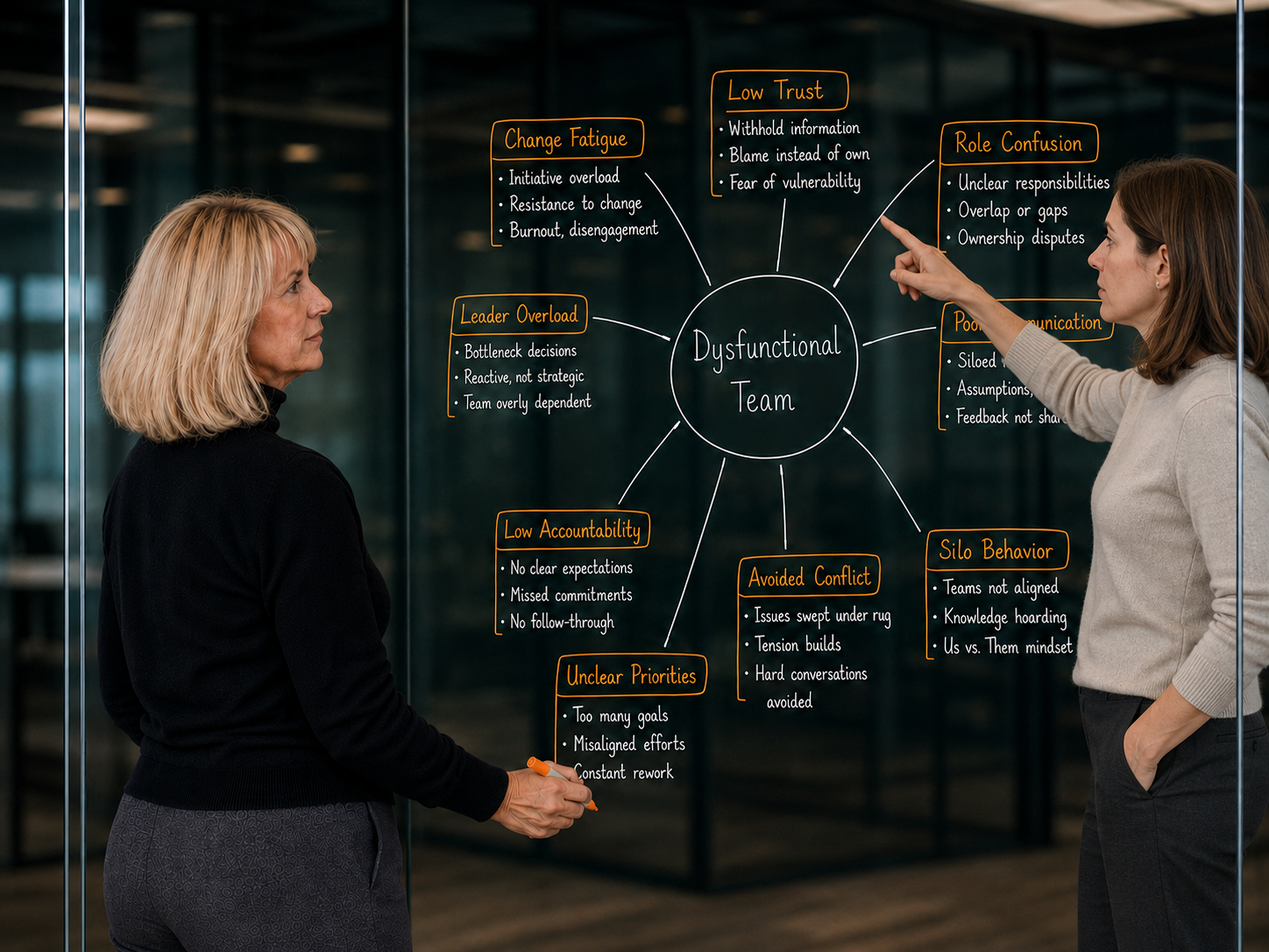 Two executives mind-mapping a dysfunctional team's dynamics together