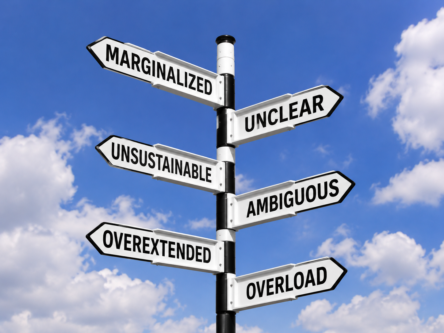 A weathered signpost pointing to negative points of travel
